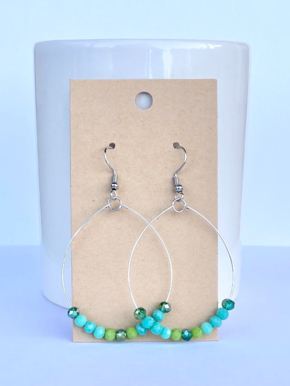 Handmade blue and green hoop/drop style feminine earrings